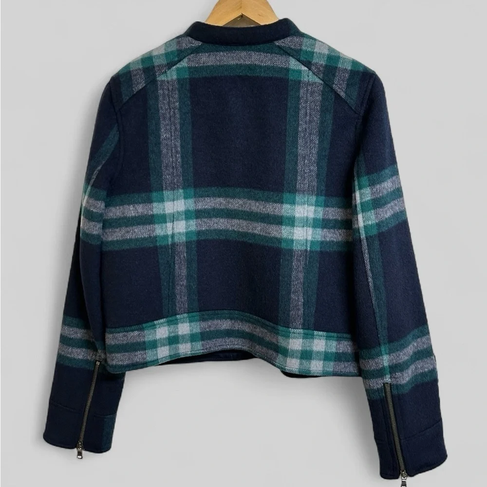 Gap Navy Blue Green Plaid Wool Blend Moto Jacket Quilted Inside Size Large - Picture 6 of 10